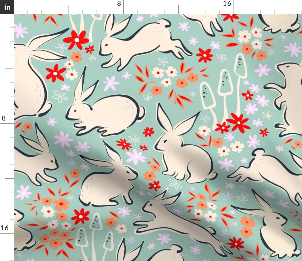 (M) Retro Boho Whimsical Rabbits in Nature - Spring Easter 1. Teal