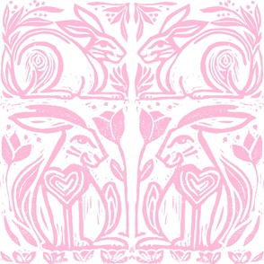 Rabbit Companions, Block Print, Pink on White