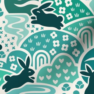 Bunny Rabbit Dreamland | Large Scale | Teal Aqua Bunnies