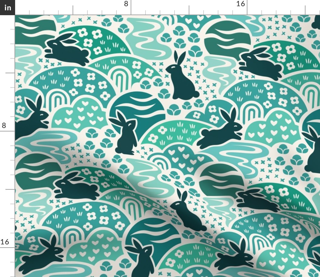 Bunny Rabbit Dreamland | Large Scale | Teal Aqua Bunnies