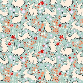 SMALL - Whimsical Spring Rabbits in Nature 1. Teal