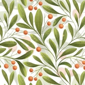 Red Berries and green leaves on white, large scale Christmas floral wallpaper