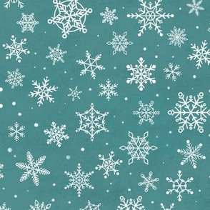 White scattered Snowflakes on turquoise, medium scale