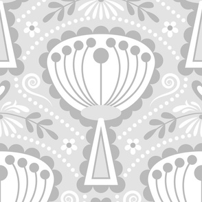 Filigree Mid Century Modern (MCM) Scandi Scalloped Flowers // Gray and White // V4 // 222 DPI