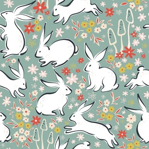 SMALL - Whimsical Spring Rabbits in the Garden on teal