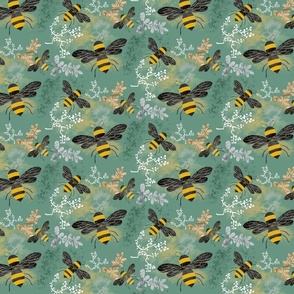 Medium scale vintage bees on green