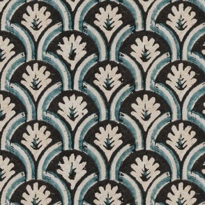 19th century book cover, black and blue leaves