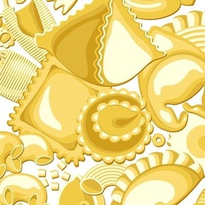 Forms of Italian Pasta, Yellow on a white background, Large scale