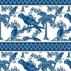 Parrot Jungle in Blue and White Scroll