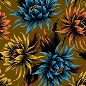 Night Blooms - Blue / Mustard / Peach - LARGE