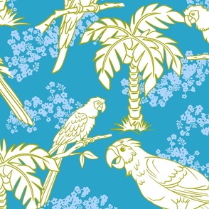 Parrot Jungle in Teal Blue and White