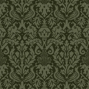 Medieval Damask with Birds and Serpents, dark olive green
