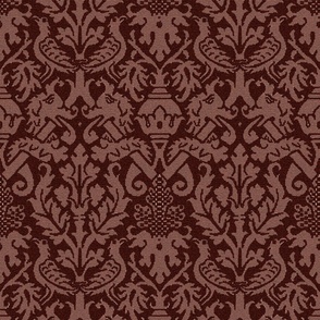 Medieval Damask with Birds and Serpents, maroon red