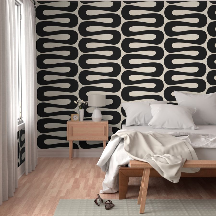 Abstract Mid Century Modern Geometric Curve Stripe in Black and Cream White, Large