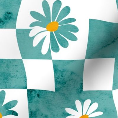 Retro Whimsy Daisy Check- Flower Power - Verdigris Aqua Watercolor Floral Groovy Gingham- Regular Scale