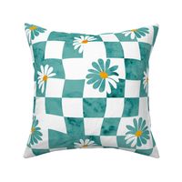 Retro Whimsy Daisy Check- Flower Power - Verdigris Aqua Watercolor Floral Groovy Gingham- Regular Scale