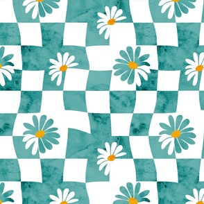 Retro Whimsy Daisy Check- Flower Power - Verdigris Aqua Watercolor Floral Groovy Gingham- Regular Scale