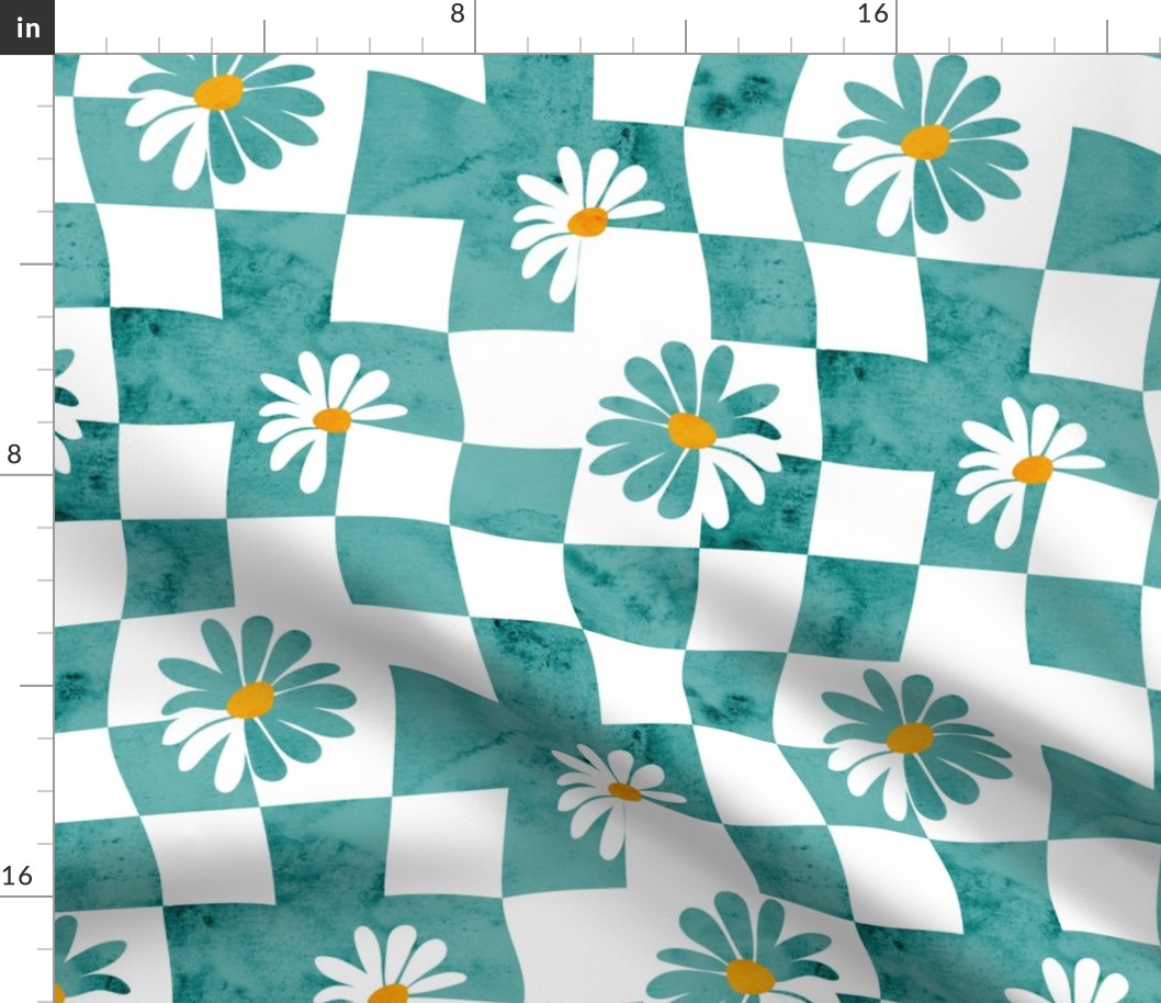 Retro Whimsy Daisy Check- Flower Power - Verdigris Aqua Watercolor Floral Groovy Gingham- Regular Scale