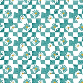 Retro Whimsy Daisy Check- Flower Power - Verdigris Aqua Watercolor Floral Groovy Gingham- Small Scale