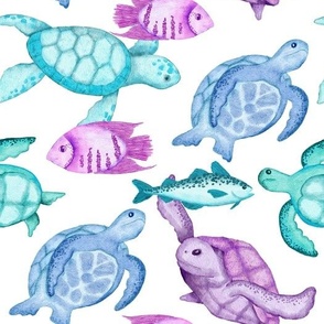 Sea Turtle & Fish in Blue and Purple