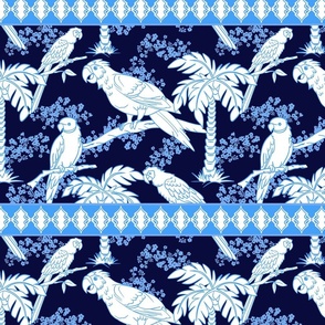 Parrot Jungle in Navy, White, and Light Blue Scroll