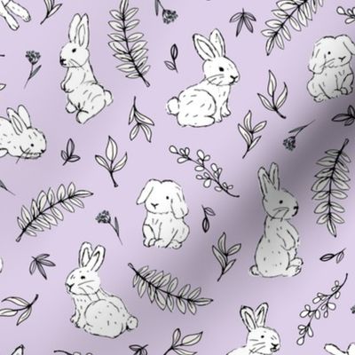 Romantic boho easter bunny garden rabbits and leaves vintage style freehand illustration easter spring design nineties lilac purple