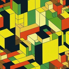 3D yellow and green geometric cubist pattern