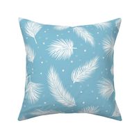 Winter evergreen conifer trees branches like cedar fir pine cypress juniper spruce,  foliage and falling snow, cozy christmas season blue and white botanical woodland  forest cabin cottage pattern 
