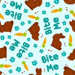 Medium Scale Bite Me Funny Chocolate Easter Bunnies on Blue