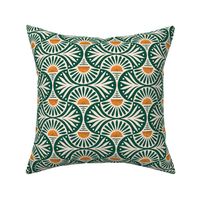 Art Deco Sunset and Leaves in Forest Green Small Scale