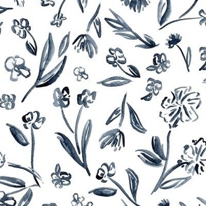 Medium Blue Dancing Floral on White 