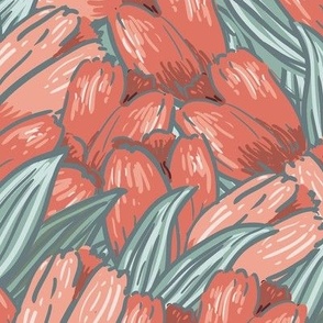 Tulips field in Coral red Large scale