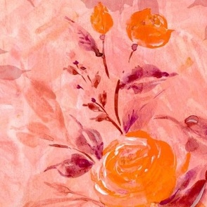 Watercolor orange roses on blush pink painterly strokes background Large scale