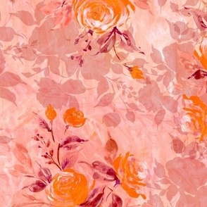 Watercolor orange roses on blush pink painterly strokes background Medium scale