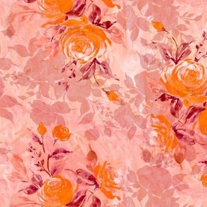 Watercolor orange roses on blush pink painterly strokes background Small scale