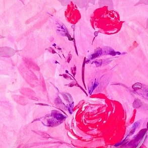 Watercolor scarlet roses on barbie pink painterly strokes background Large scale