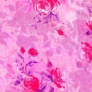 Watercolor scarlet roses on barbie pink painterly strokes background Medium scale