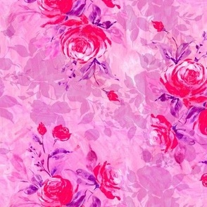 Watercolor scarlet roses on barbie pink painterly strokes background Small scale