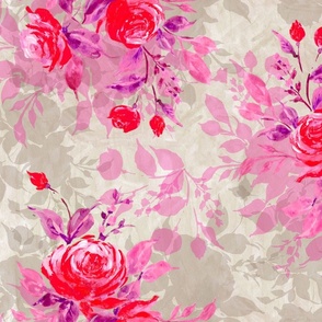 Watercolor scarlet roses on neutral beige painterly strokes background Large scale