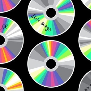 CDs on darkest black with texts Y2K aesthetic hot pink and rainbow Large scale