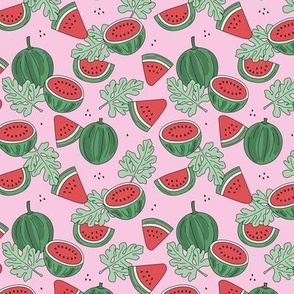 Watermelons and leaves - summer fruit garden harvest theme retro style freehand illustration green red on pink SMALL