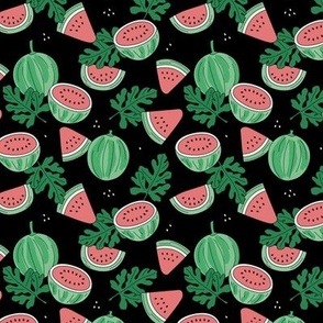 Watermelons and leaves - summer fruit garden harvest theme retro style freehand illustration green coral pink on black SMALL