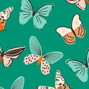 large butterfly flying insects in turquoise tan blush orange spring summer on emerald green wallpaper home decor
