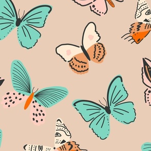 large butterfly flying insects in turquoise tan blush orange spring summer wallpaper home decor
