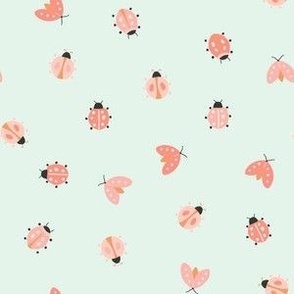 small cute pink beetle winged insect ladybug summer june bugs on blue green