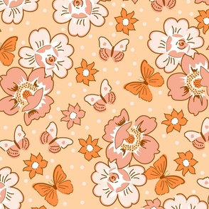 1950s summer floral with butterfly in sunny yellow and orange - extra large