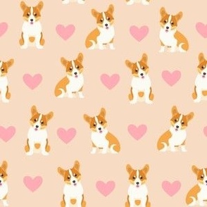 corgi and hearts on beige dog fabric - small