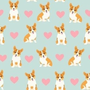 corgi and hearts on pastel blue dog fabric - small