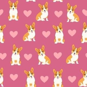 corgi and hearts on pink dog fabric - small