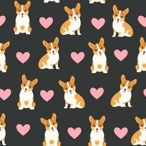 corgi and hearts on dark gray dog fabric - small